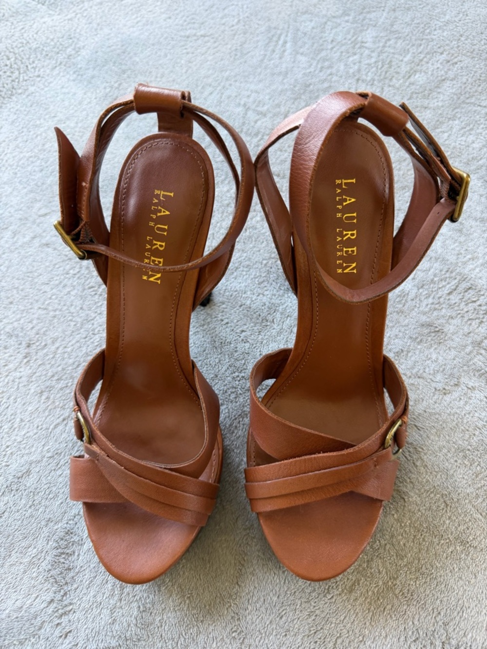 Ralph Lauren Brown Leather Platform Heels with Gold Buckles - Picture 3 of 6